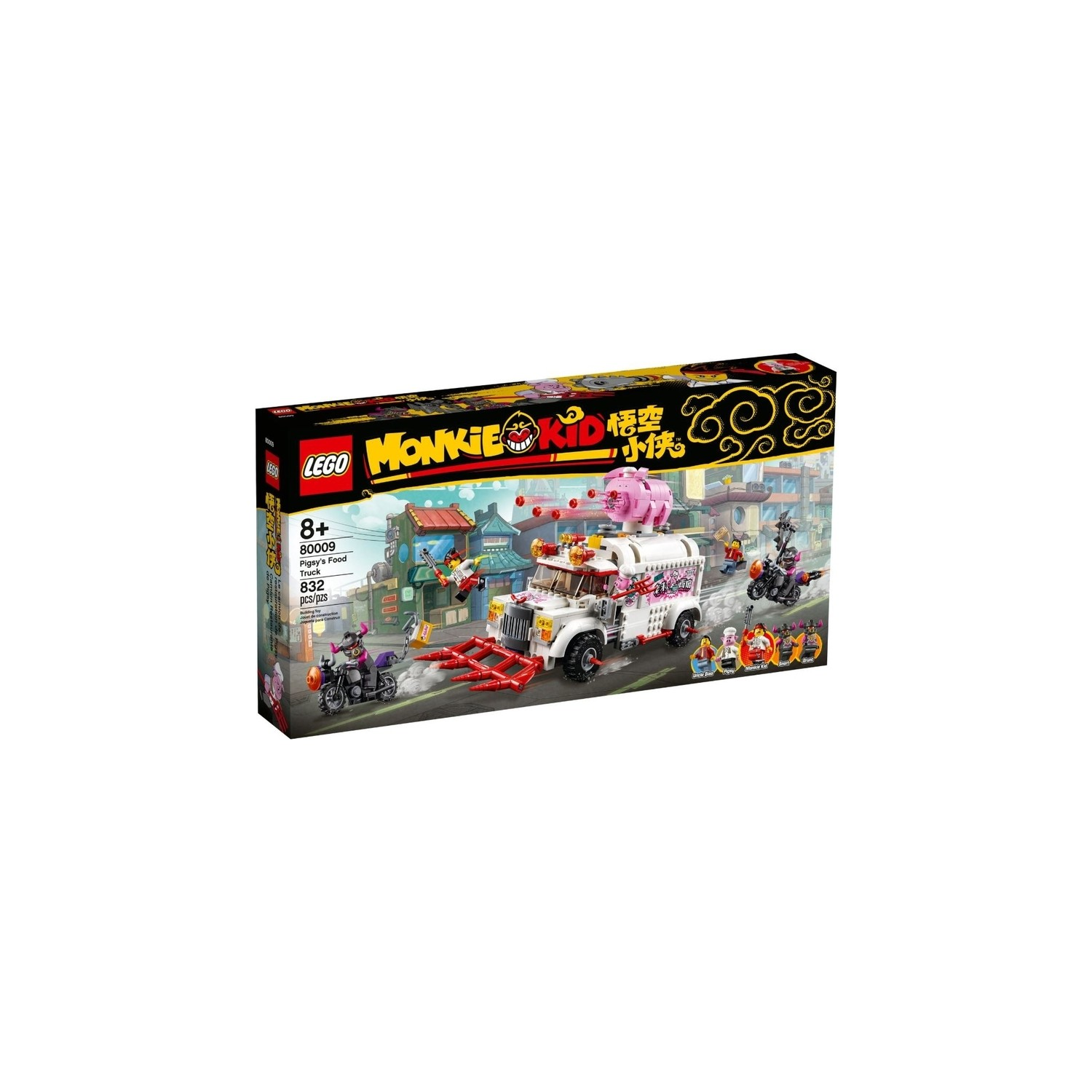 Lego Monkie Kid Domuzlu Yemek Kamyonu oyuncak ambalajı, figürler içerir.