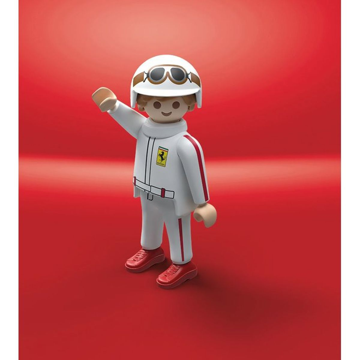 Beyaz Ferrari yarış tulumlu Playmobil figürü, gözlüklü beyaz kask, el sallıyor.