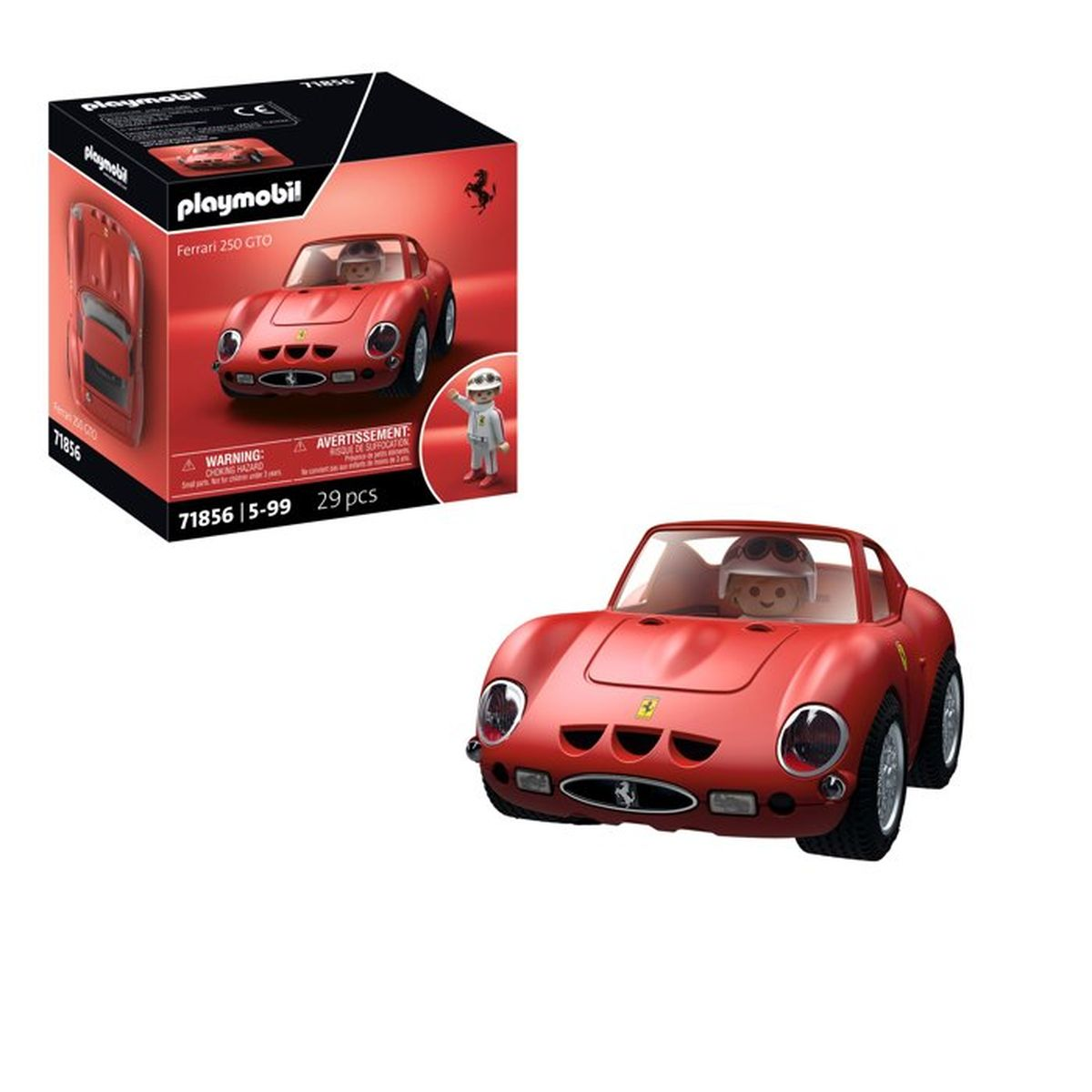 Kutuda ve ayrı olarak figürlü kırmızı Playmobil Ferrari 250 GTO.