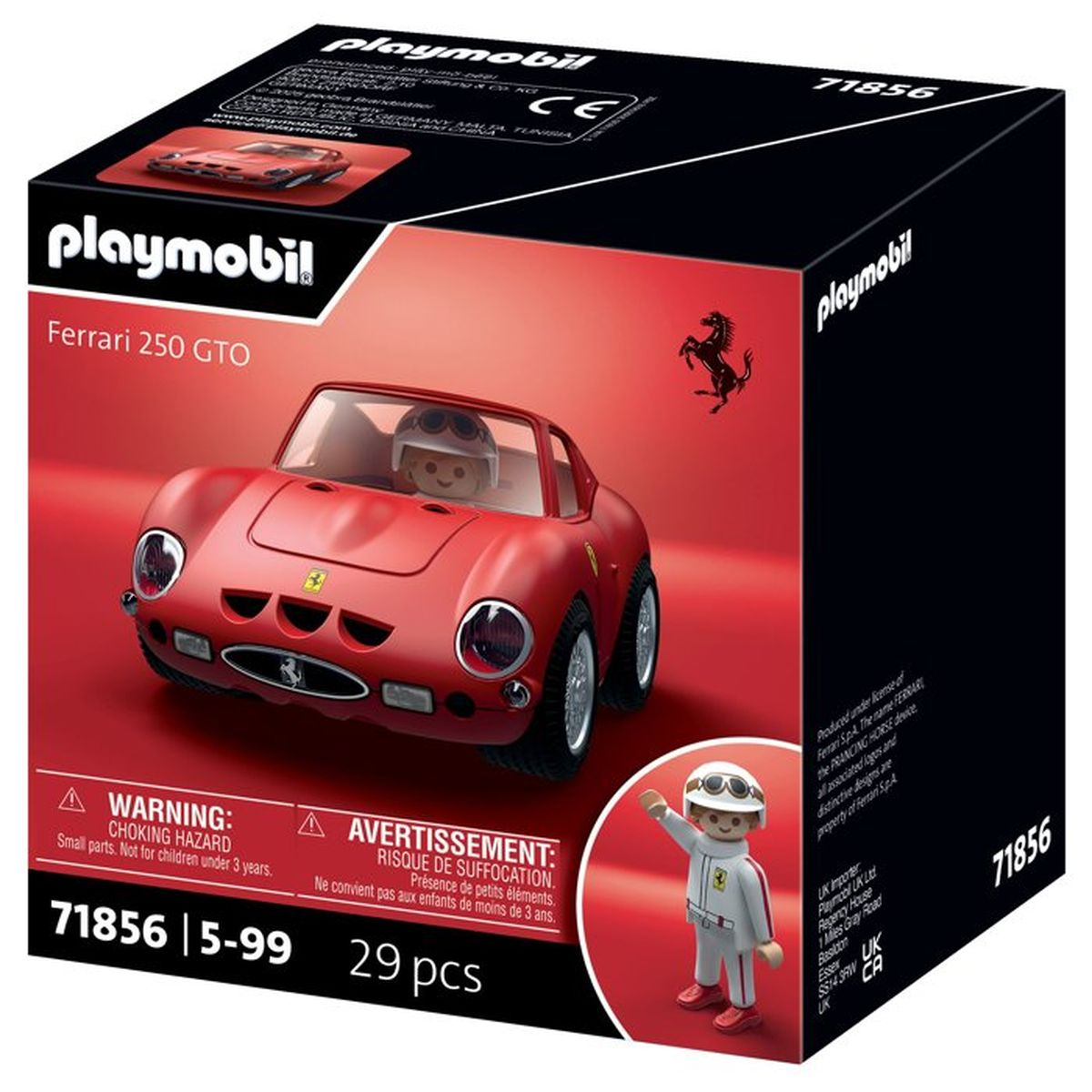 Kırmızı araba ve sürücü figürü olan Playmobil Ferrari 250 GTO oyuncak kutusu.