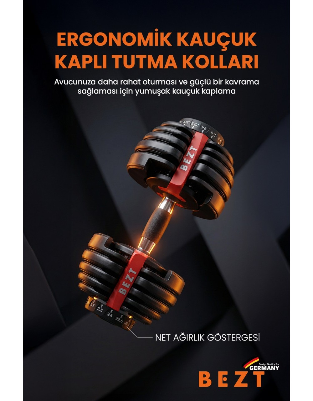 Ayarlanabilir dambıl, kauçuk tutamaklı ve ağırlık göstergeli.