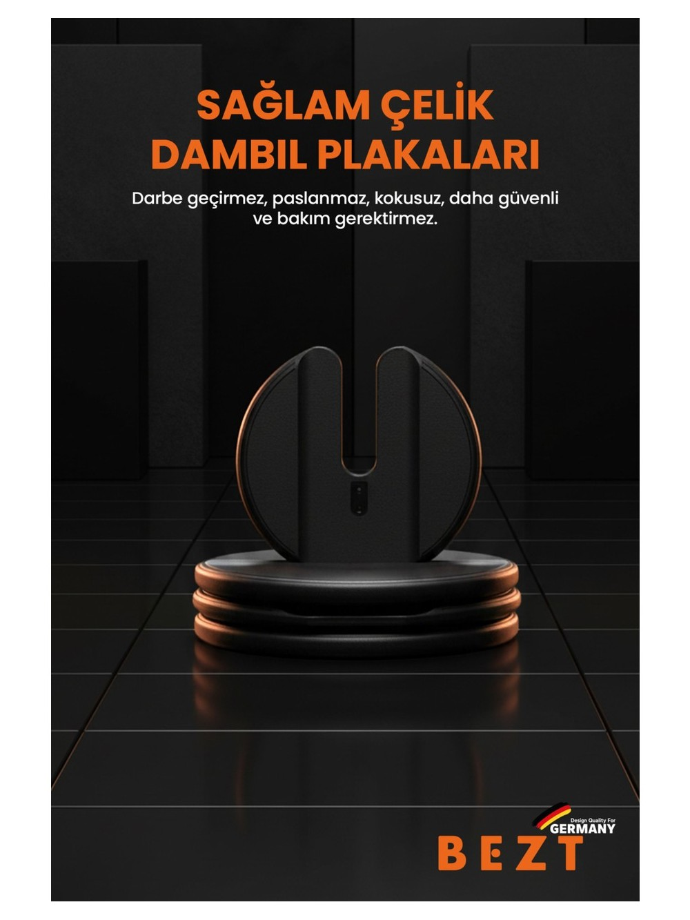 Siyah, yuvarlak dambıl plakası tutucu, turuncu yazılı, siyah arka plan üzerinde.