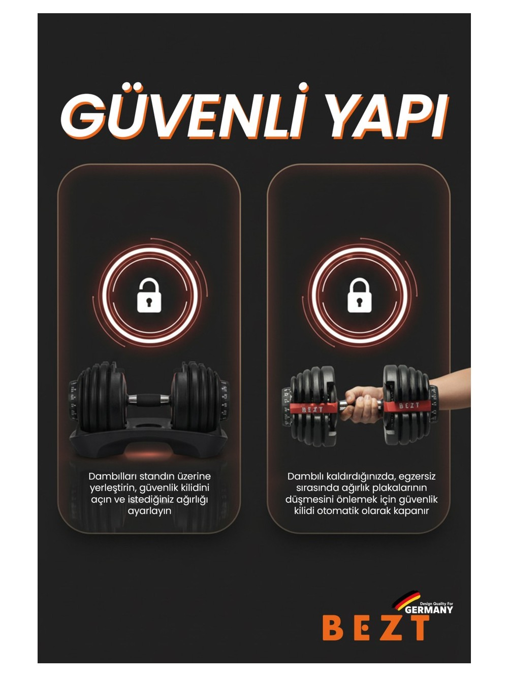 Kilit ikonlu sehpada ayarlanabilir dambıl. Bir el dambıl kaldırıyor.