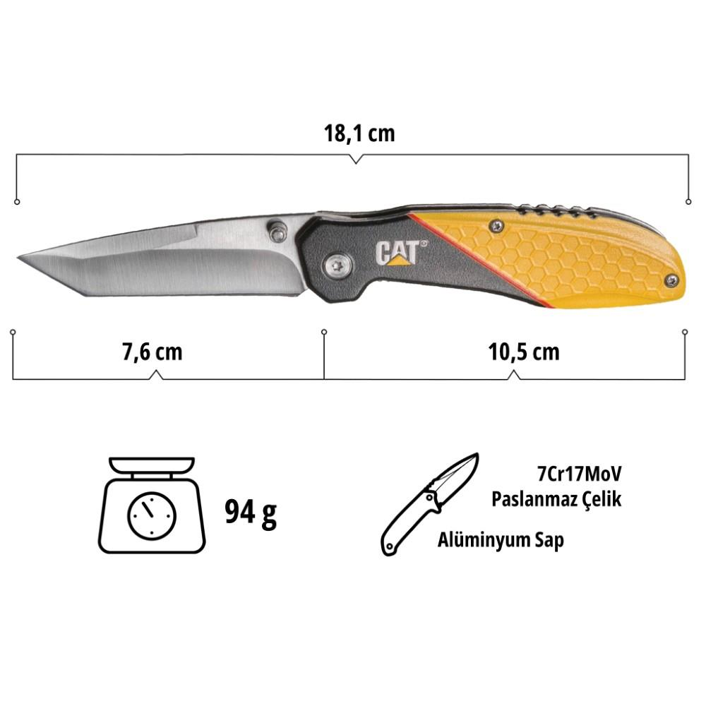 CAT marka bıçak boyutları: 7,6 cm bıçak, 10,5 cm sap, 18,1 cm toplam. Ağırlık 94g.