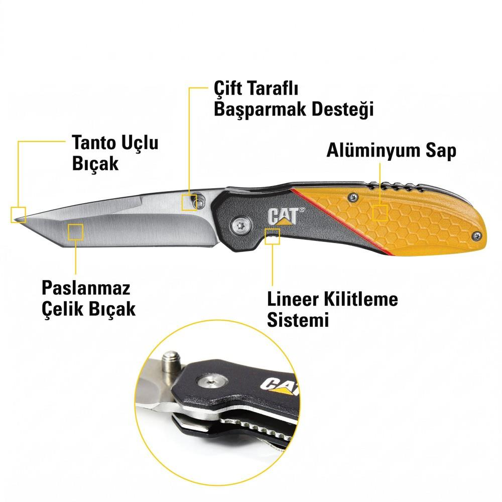 Tanto bıçaklı, alüminyum saplı ve kilitleme mekanizmalı bir çakı.