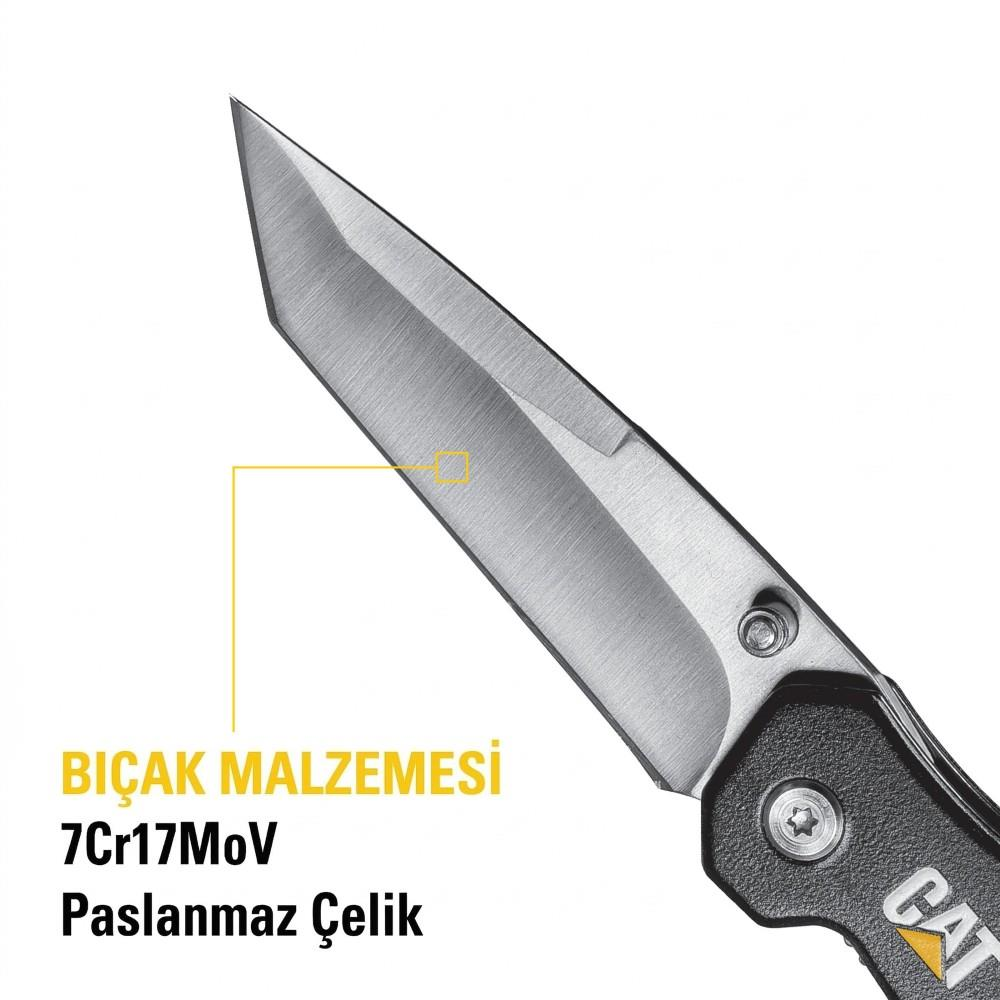 Paslanmaz çelik bıçak ağzı, "Bıçak Malzemesi 7Cr17MoV Paslanmaz Çelik" yazısı ile.