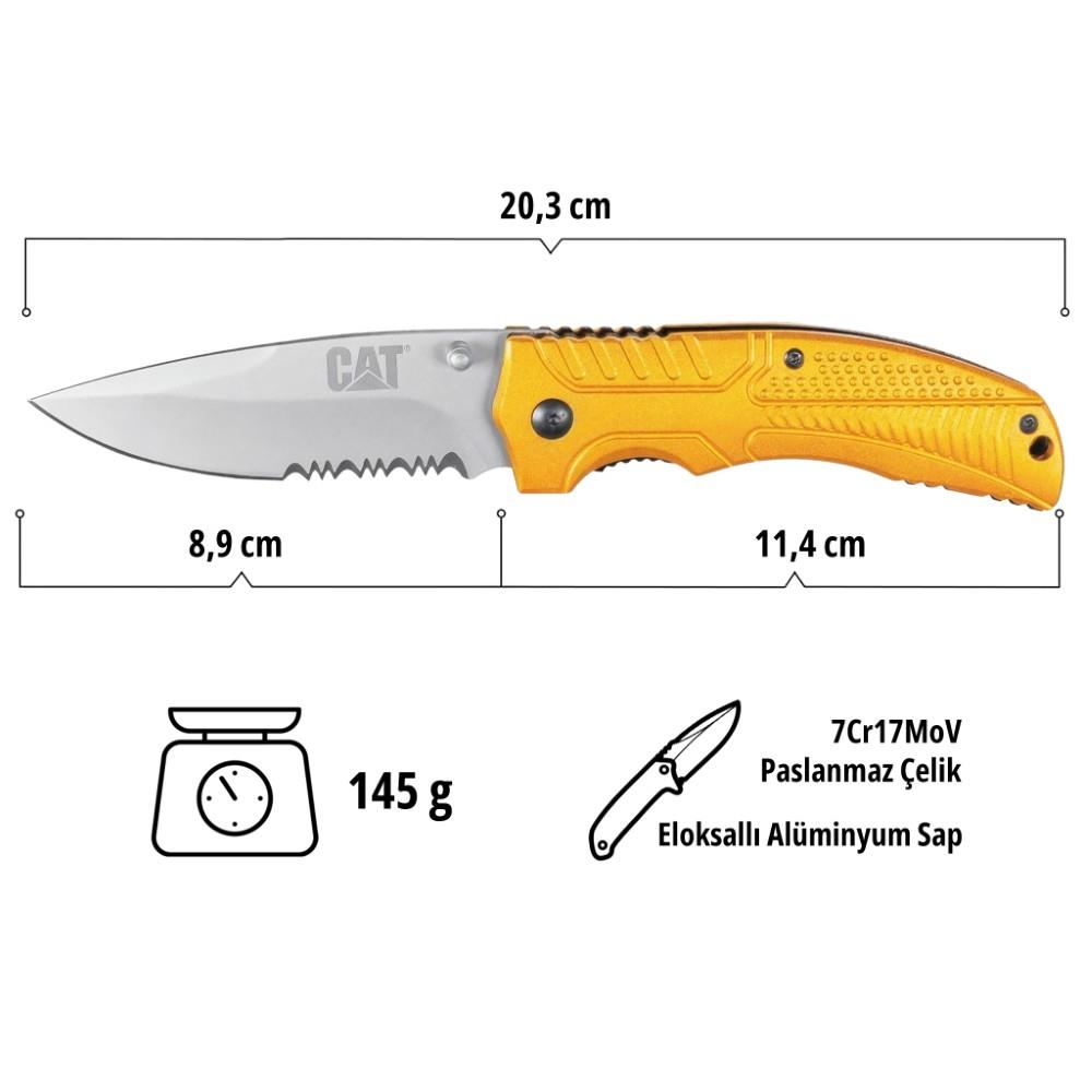 Sarı CAT bıçağı, tırtıklı, 20,3 cm uzunluk, 145 gr ağırlık.