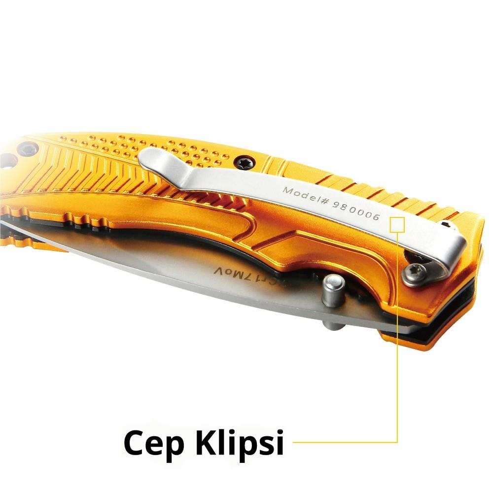Gümüş klipsli ve 980006 model numaralı turuncu katlanır bıçak.