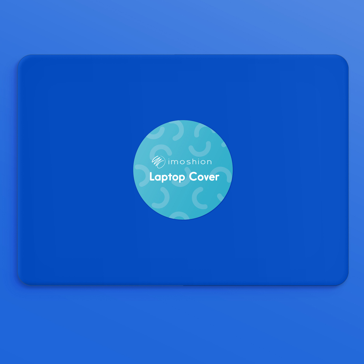 Una funda de portátil azul con un logo circular que dice 'imoschion Laptop Cover'.