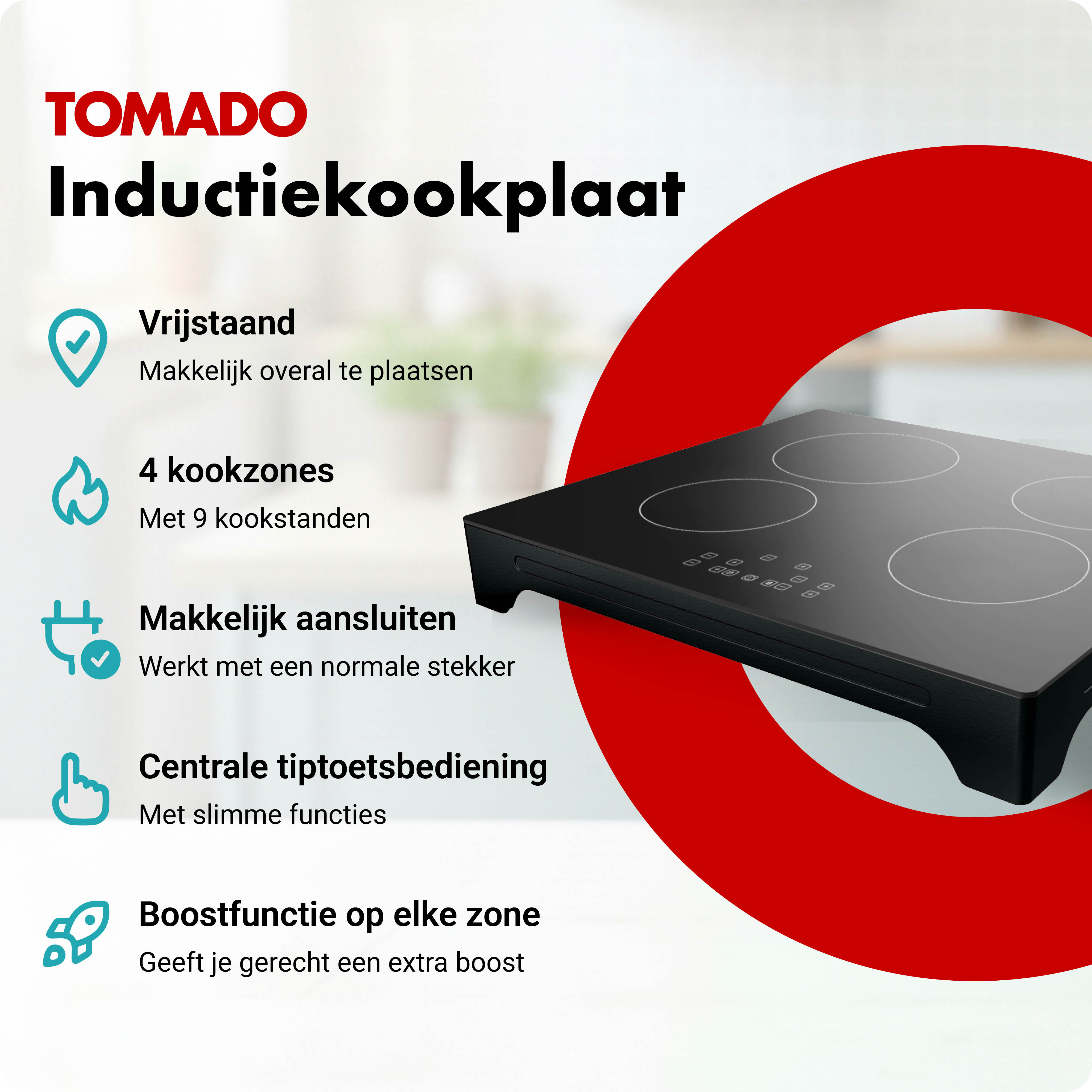 TOMADO inductiekookplaat met 4 kookzones, tiptoetsbediening en boostfunctie.