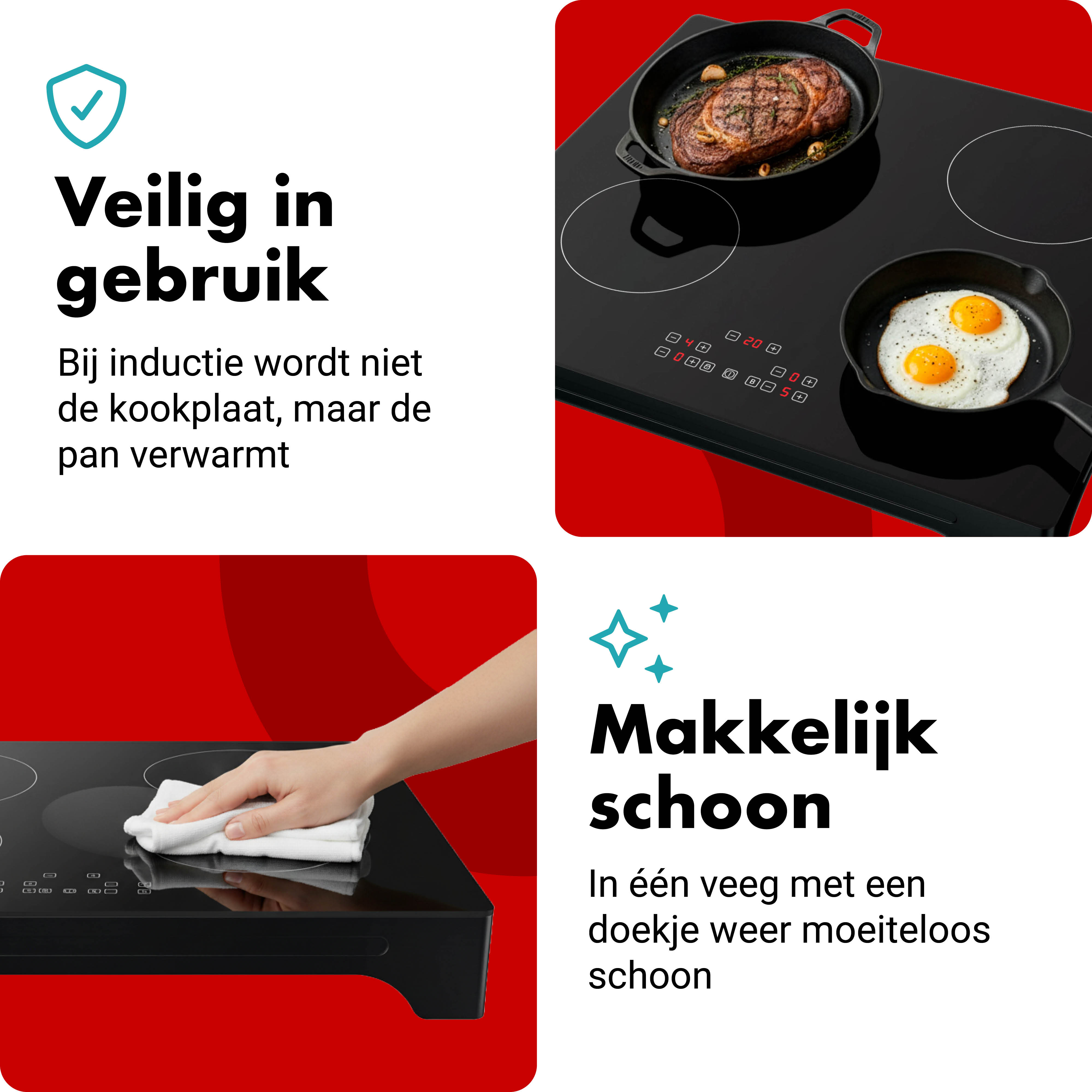 Een inductiekookplaat met biefstuk en gebakken eieren, en een hand die hem schoonmaakt.