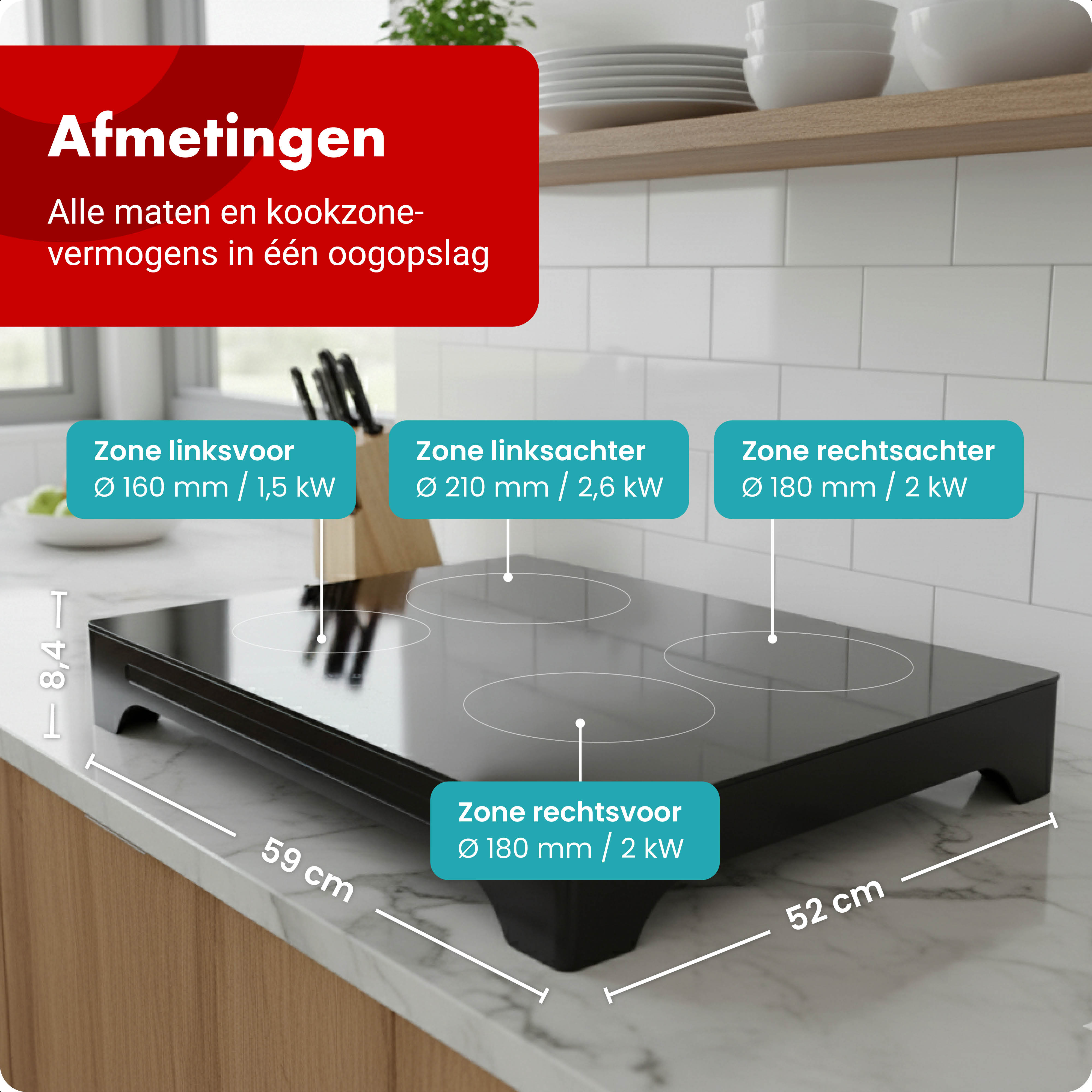 Zwarte inductiekookplaat met afmetingen en vermogensdetails.