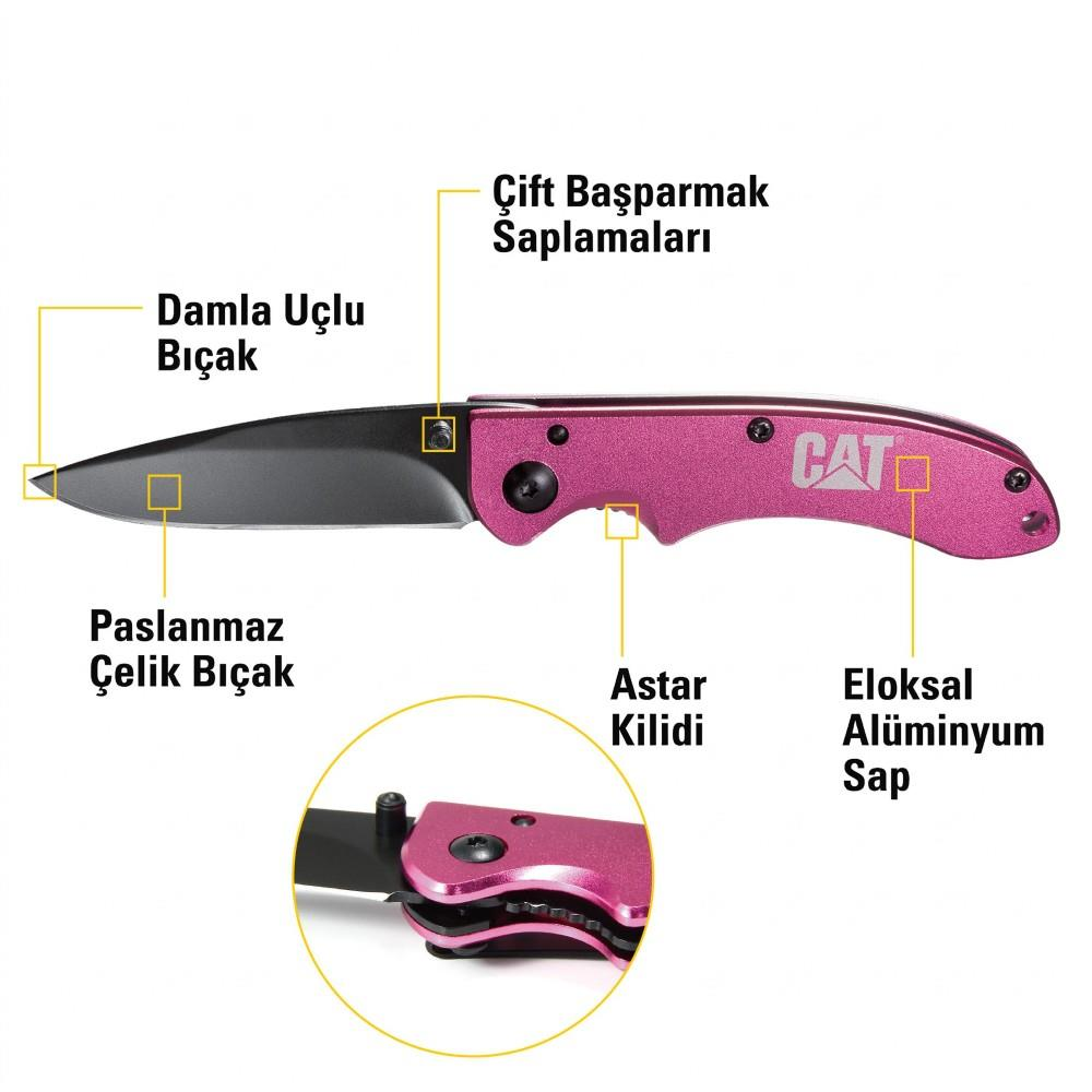 Gümüş bıçaklı ve etiketli pembe bir CAT katlanır bıçak.