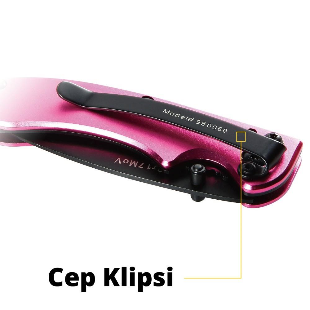 Model numarası 980060 olan pembe cep bıçağı kabzası, siyah klipsli.