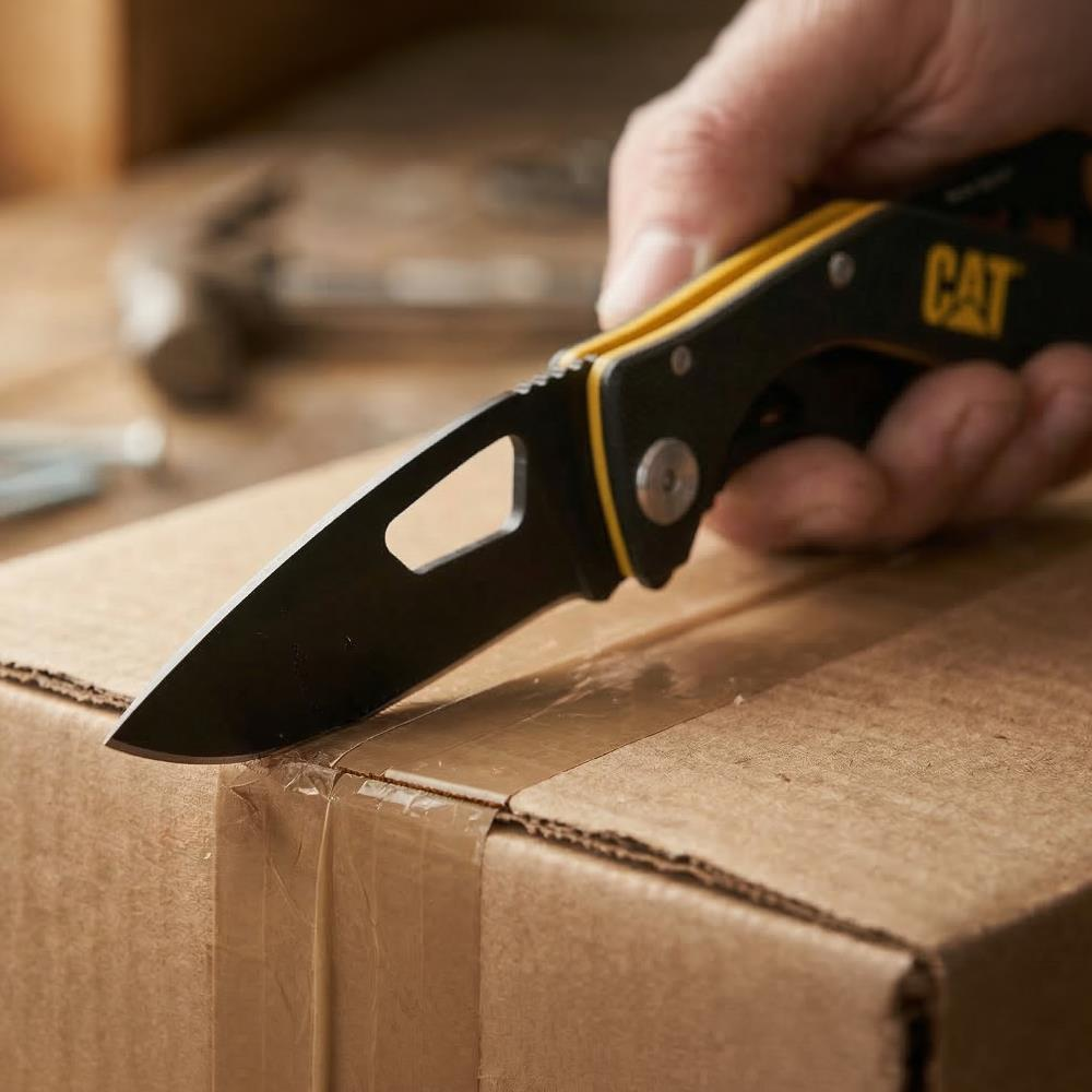 Bir el, karton kutudaki bandı kesen siyah bir CAT çakısı tutuyor.