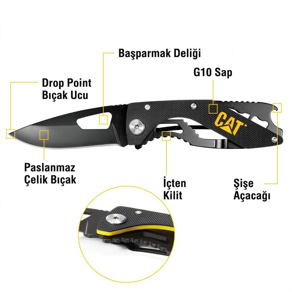 CAT logolu siyah çakı, bıçak, sap ve fonksiyon etiketleriyle.