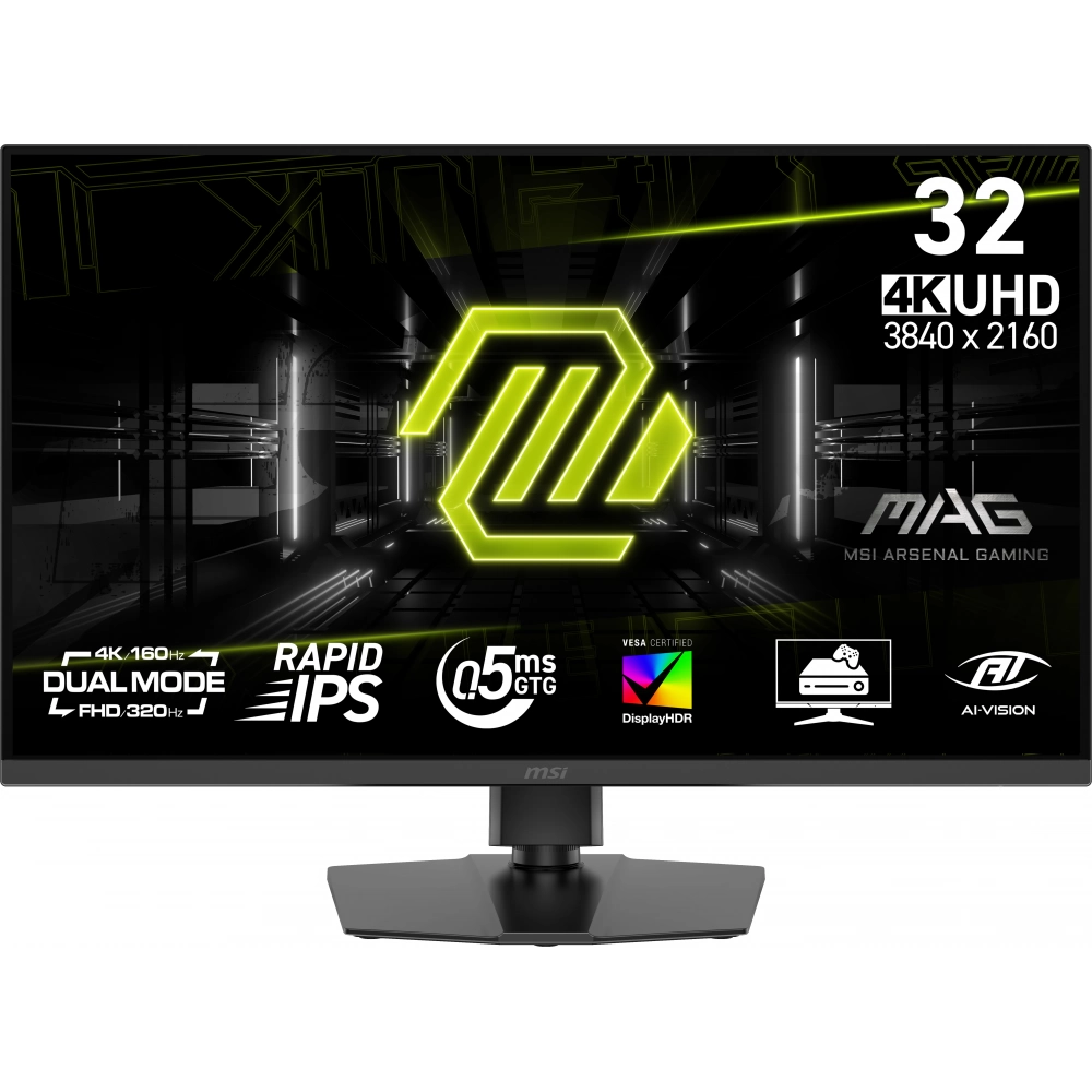 Yeşil logolu 32 inç 4K UHD MSI MAG oyuncu monitörü.