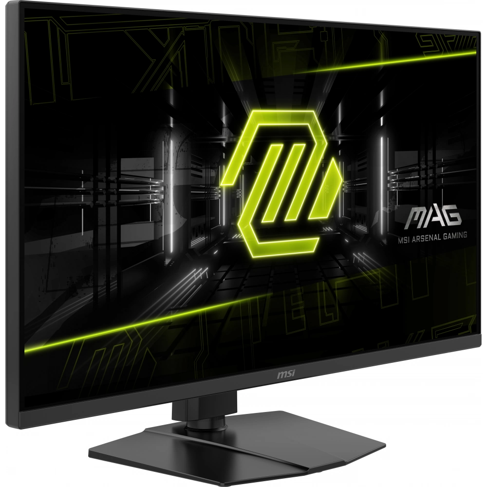 MSI MAG oyun monitörü, neon yeşil logo ve fütüristik arka plan.