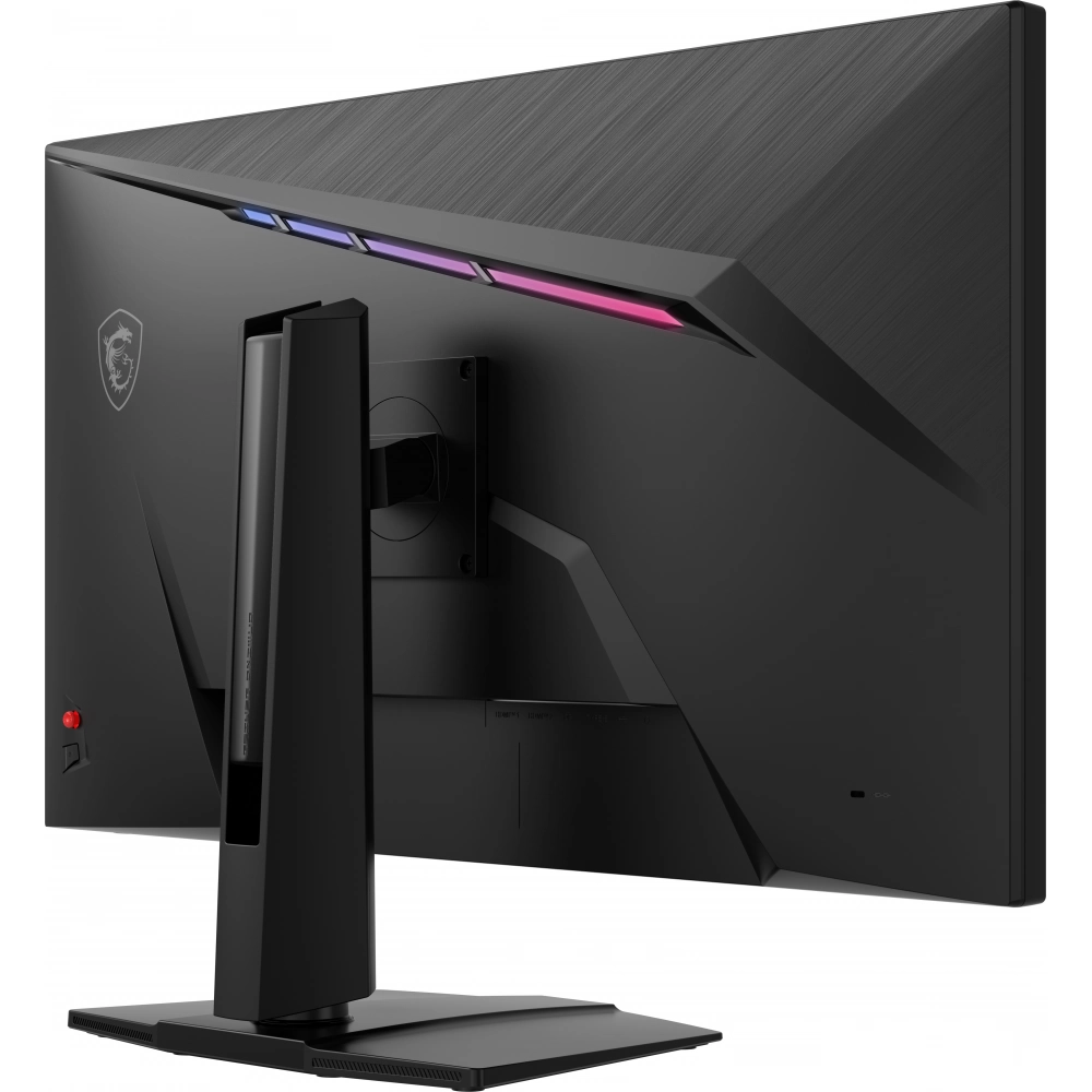 Arkadan siyah MSI monitör, üstte RGB aydınlatmalı.