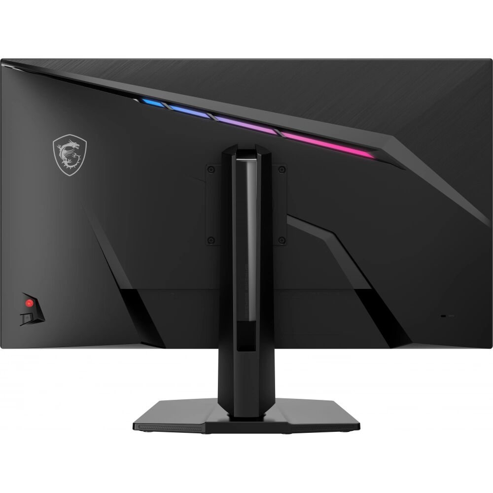 Üstte RGB aydınlatmalı ve MSI logosu bulunan siyah oyun monitörünün arkası.