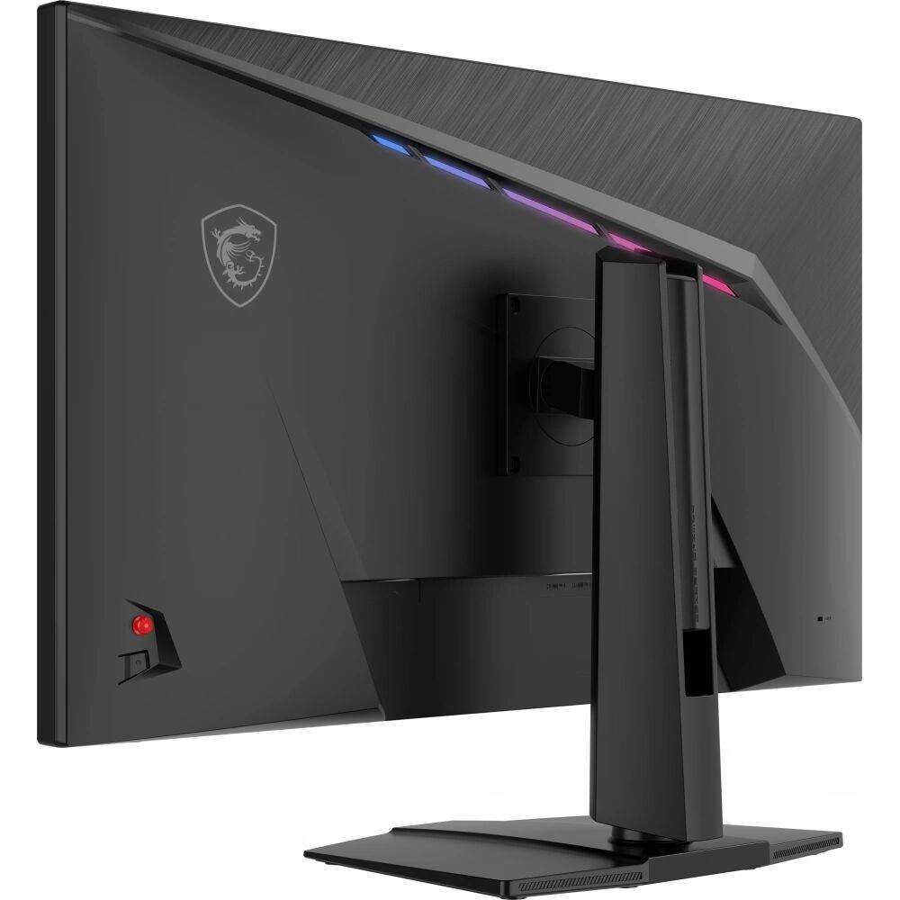 Üstte ejderha logosu ve RGB aydınlatmalı siyah MSI monitörün arkası.
