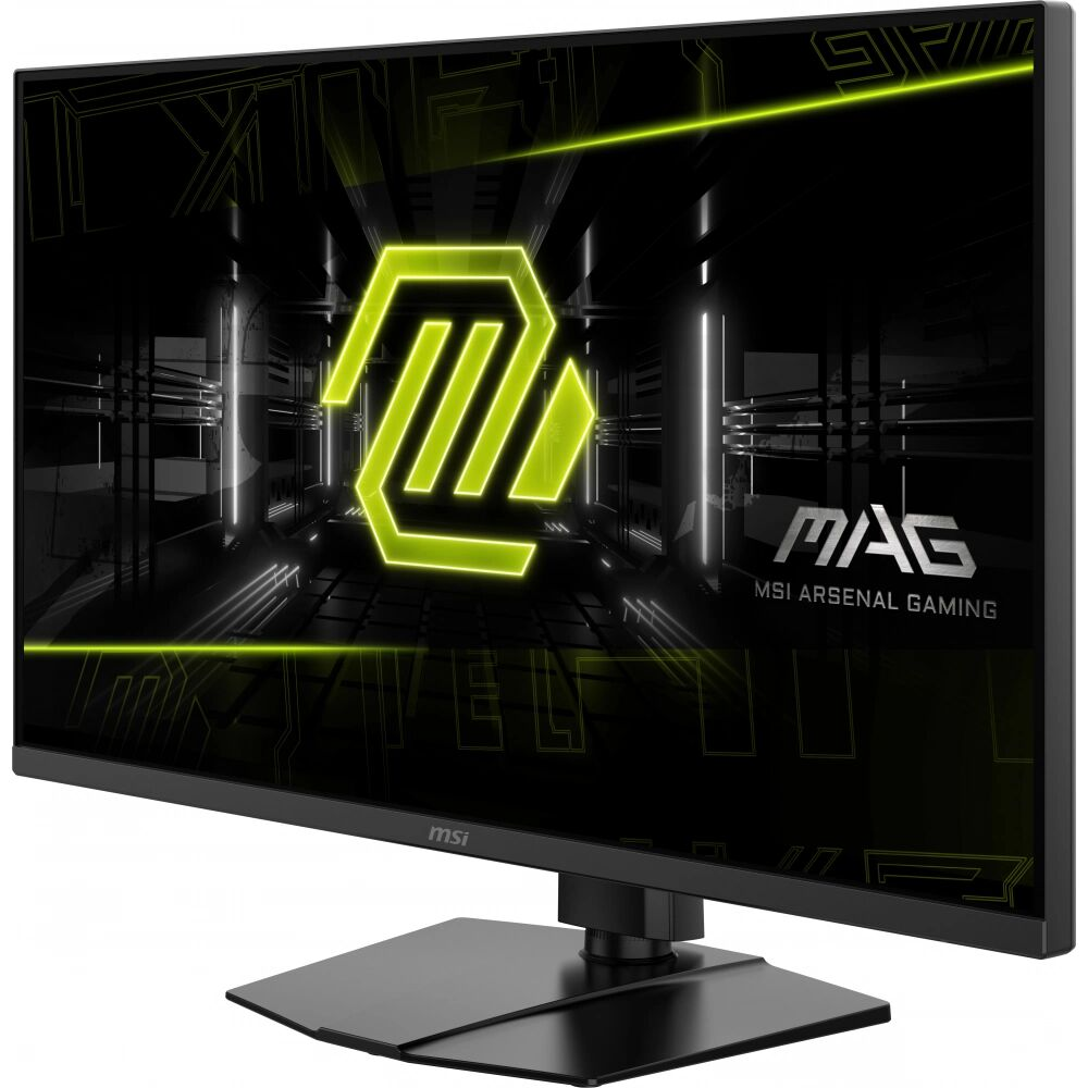 MSI MAG monitör, fütüristik tünelde neon yeşili altıgen logo gösteriyor.