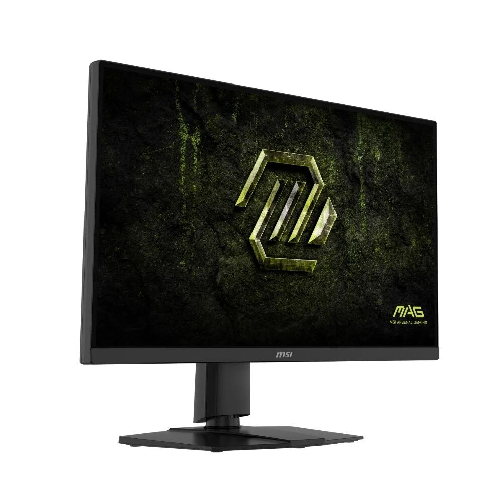 Un monitor gaming MSI negro muestra un logo verde sobre fondo oscuro.