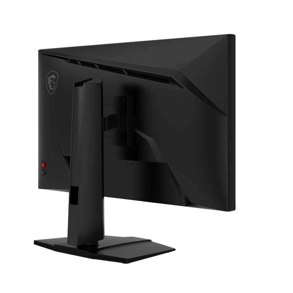 Vista trasera de un monitor negro con logo MSI y soporte.