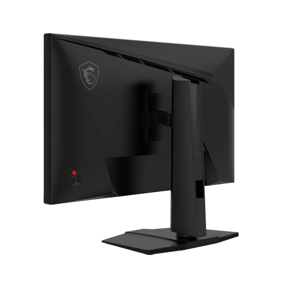 Vista trasera de un monitor MSI negro con logo de dragón y botón de encendido rojo.