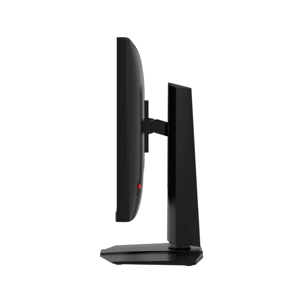 Monitor negro de perfil con acento rojo. Soporte moderno.