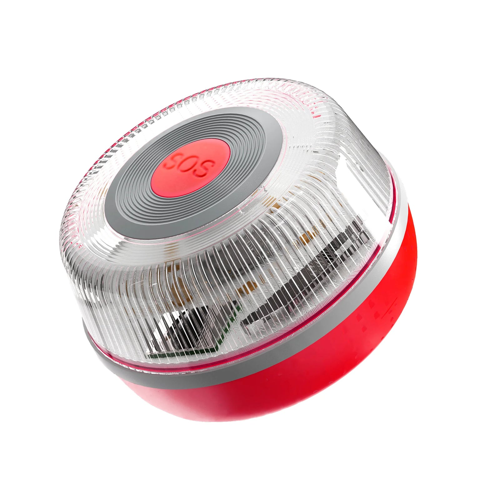 Luz de emergencia roja con botón SOS y carcasa transparente.