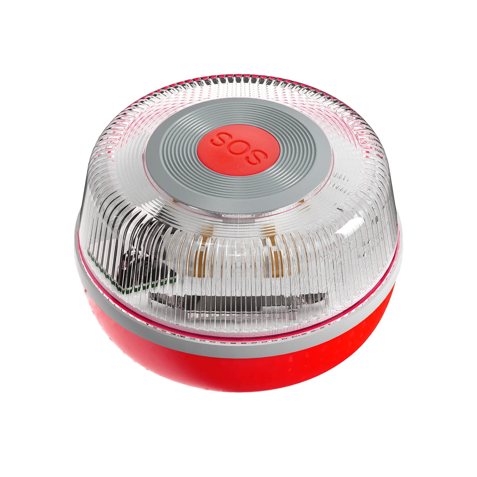 Luz SOS roja y blanca con carcasa transparente y detalles plateados.