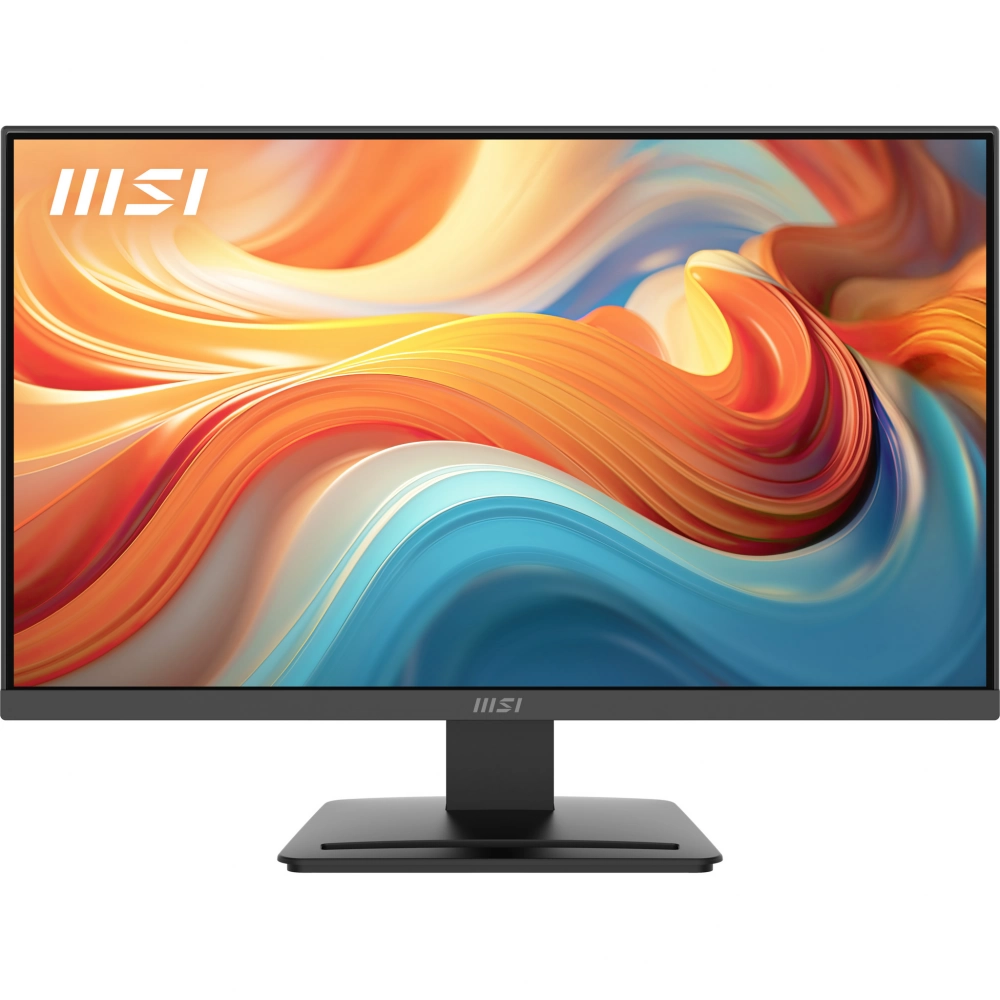 Un monitor MSI nero che visualizza un'immagine di sfondo astratta e colorata.