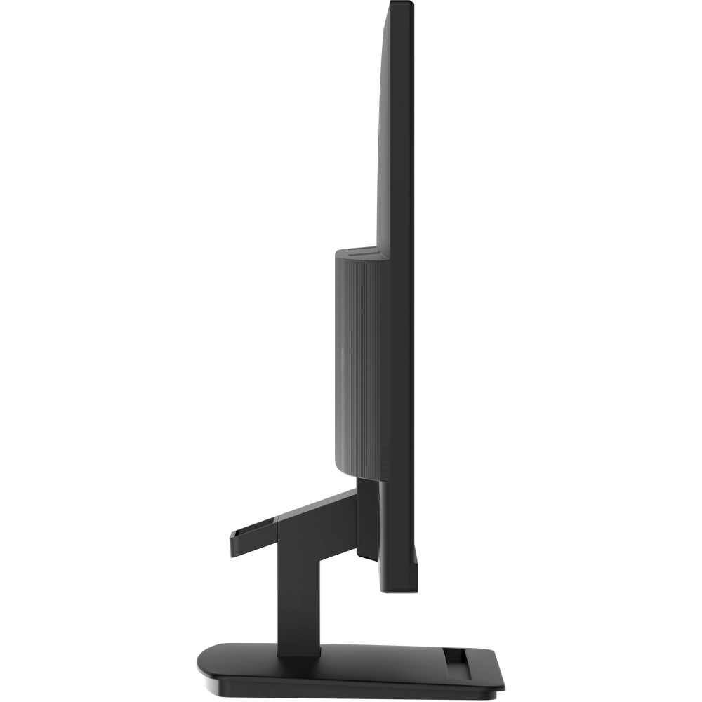 Vista laterale di un monitor nero con cornice sottile e supporto.