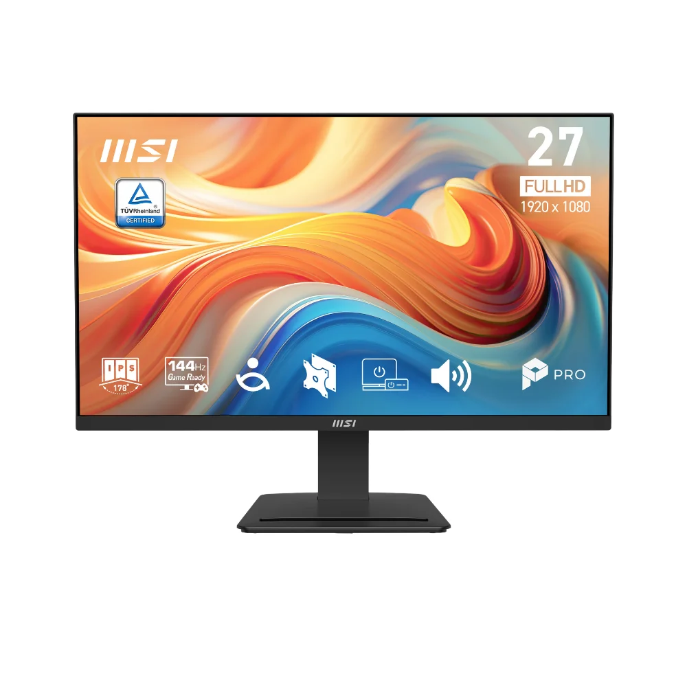 Full HD çözünürlüklü ve 144Hz yenileme hızına sahip siyah 27 inç MSI monitör.