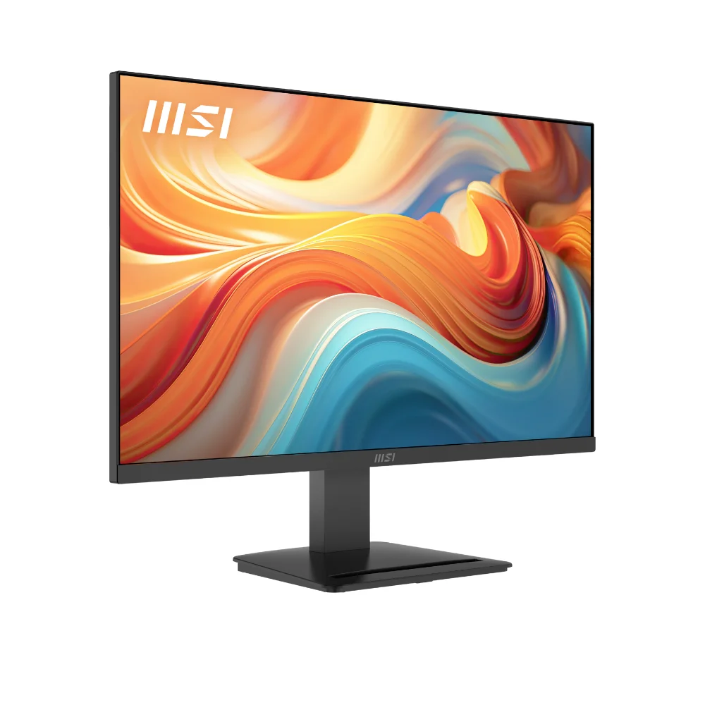 Ekranında renkli, soyut bir görüntü gösteren siyah MSI monitör.