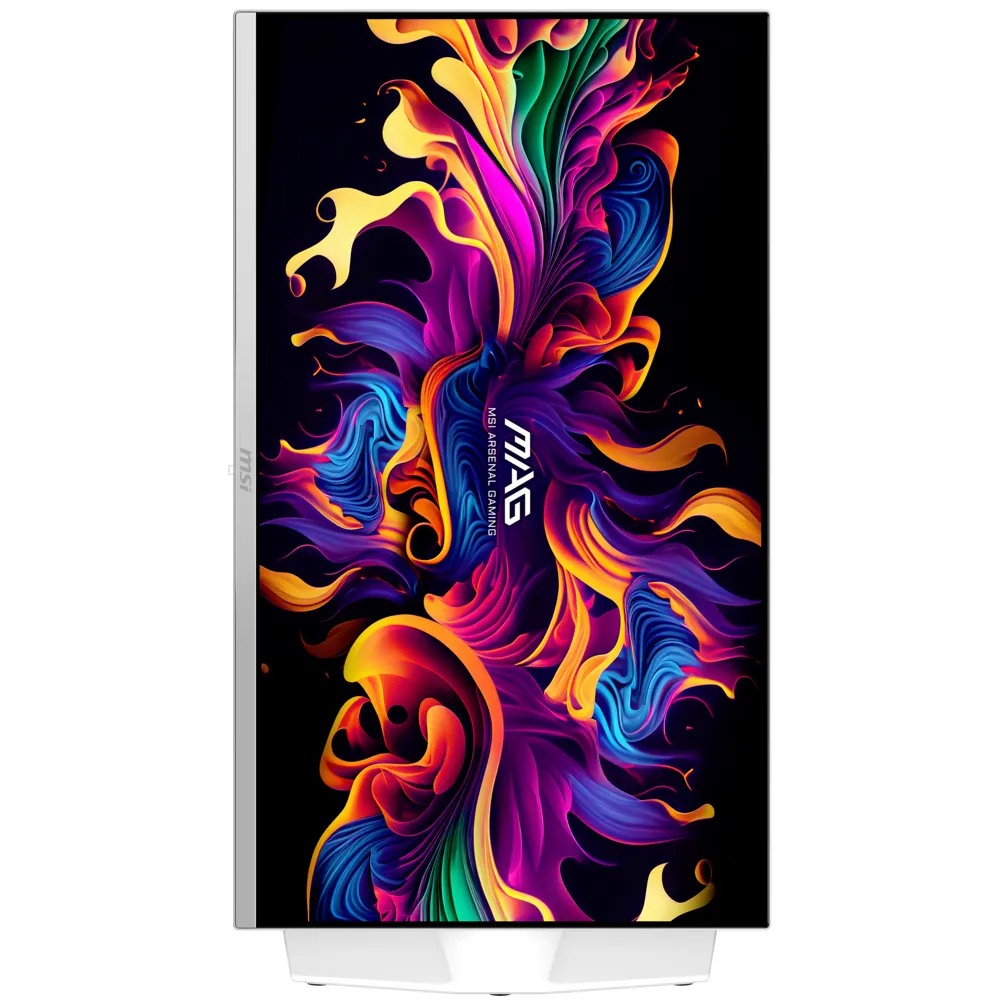 Una caja de PC con un vibrante diseño abstracto en negro, morado, azul y amarillo.
