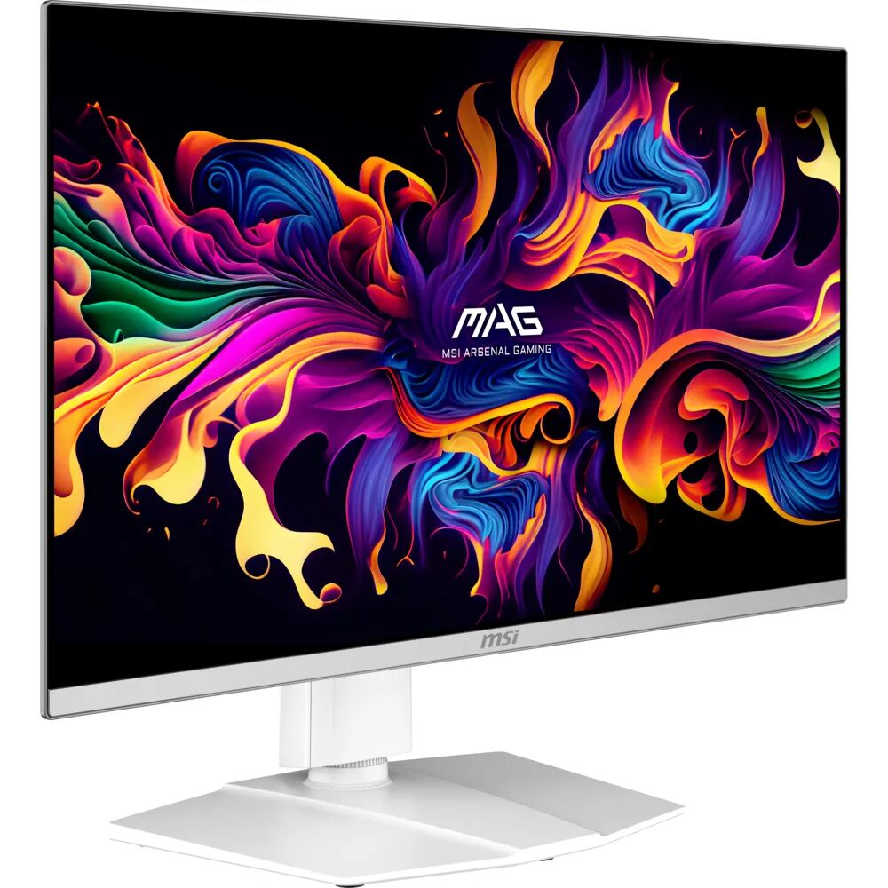 Monitor MSI blanco con arte abstracto vibrante y logo MSI en pantalla.