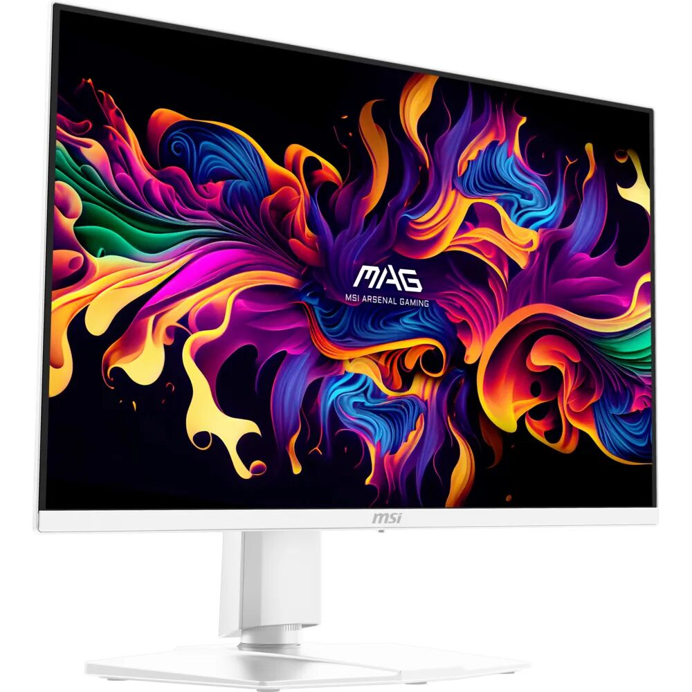 Monitor blanco MSI con explosión abstracta colorida de formas y colores sobre negro.