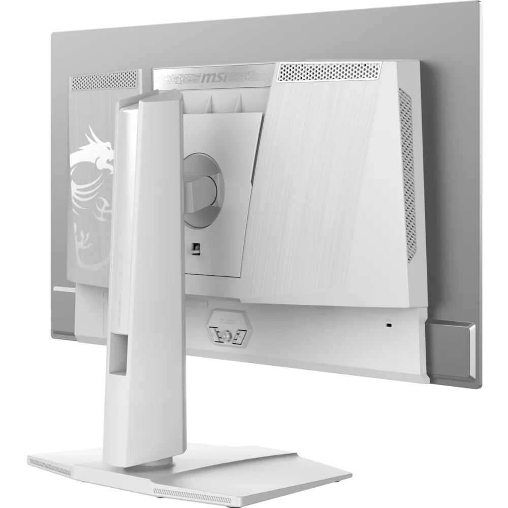 Vista trasera de un monitor MSI blanco con logo de dragón y puertos.