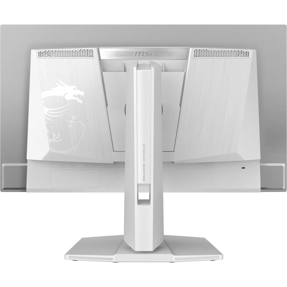 Soporte de monitor MSI blanco con logo de dragón y rejillas.