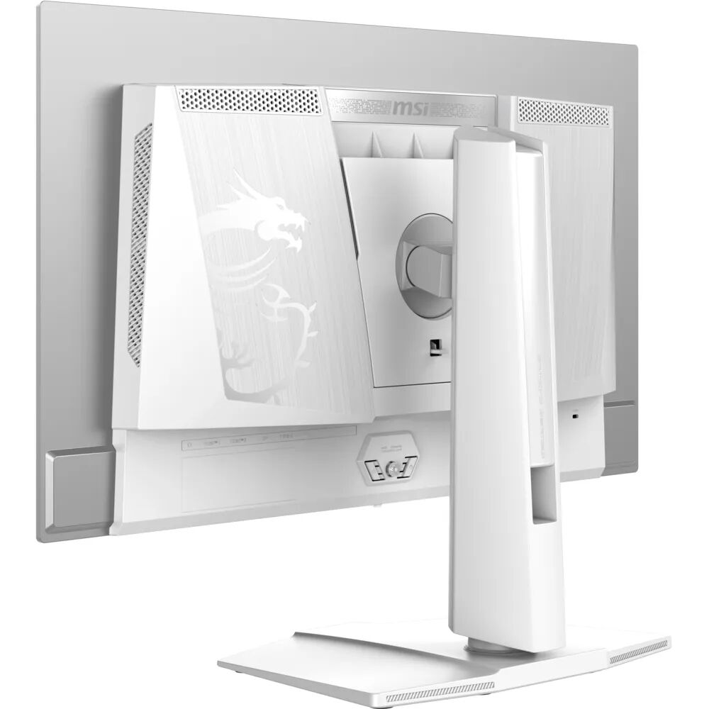 Vista trasera del monitor MSI blanco con logo de dragón y soporte. Puertos visibles.