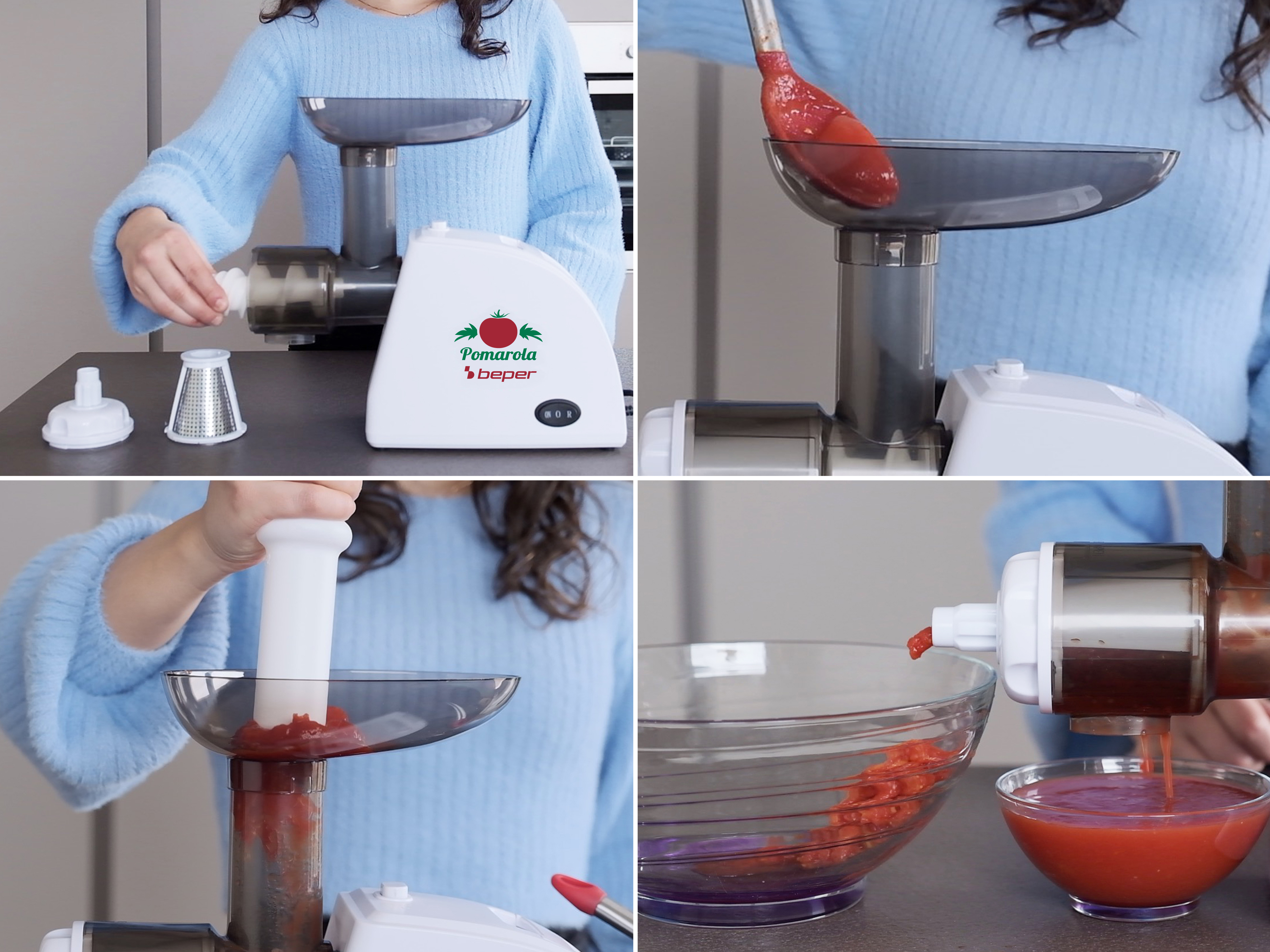 Eine Person benutzt eine Tomatenmaschine, um Tomaten zu verarbeiten.