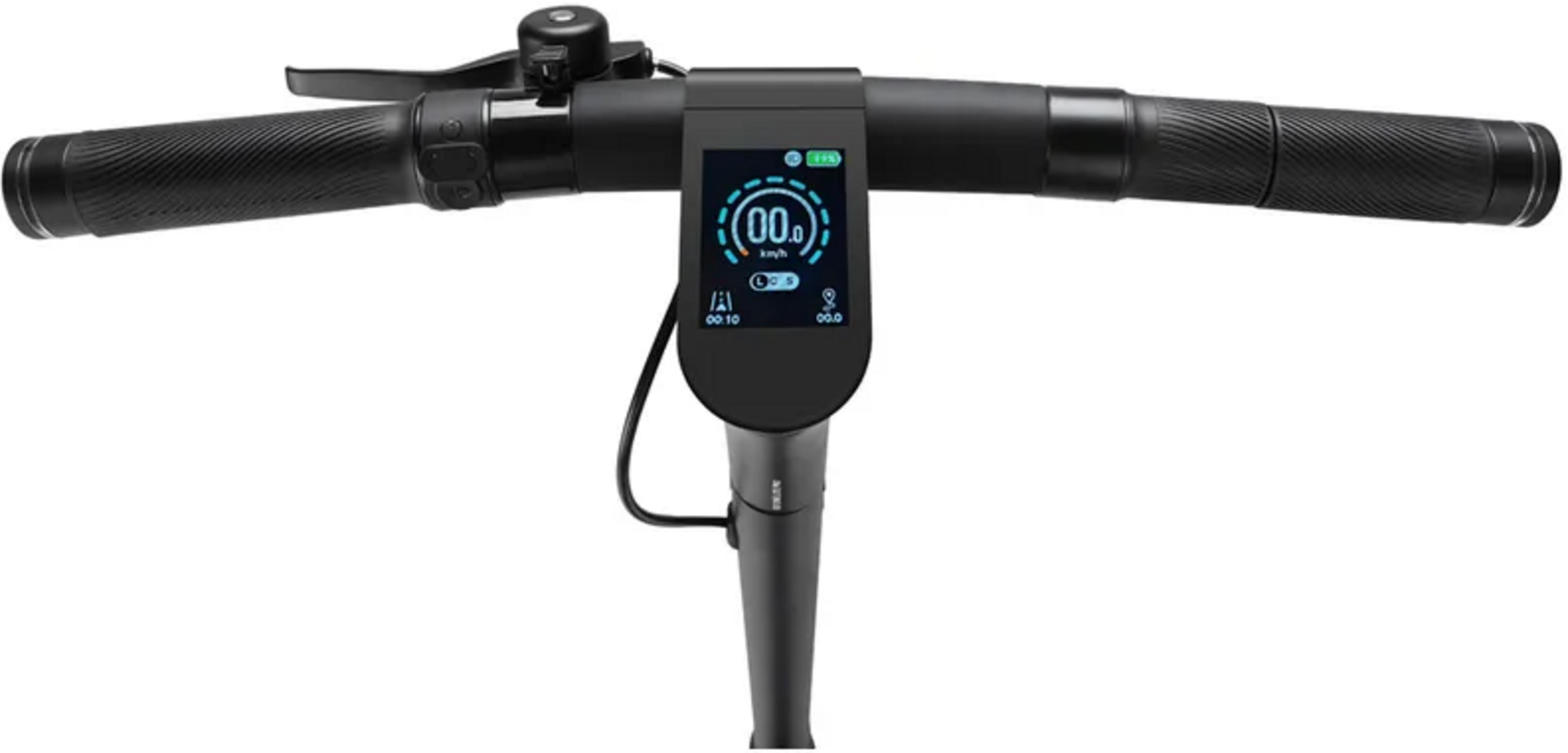 Manubrio monopattino elettrico nero con display, manopole e campanello.