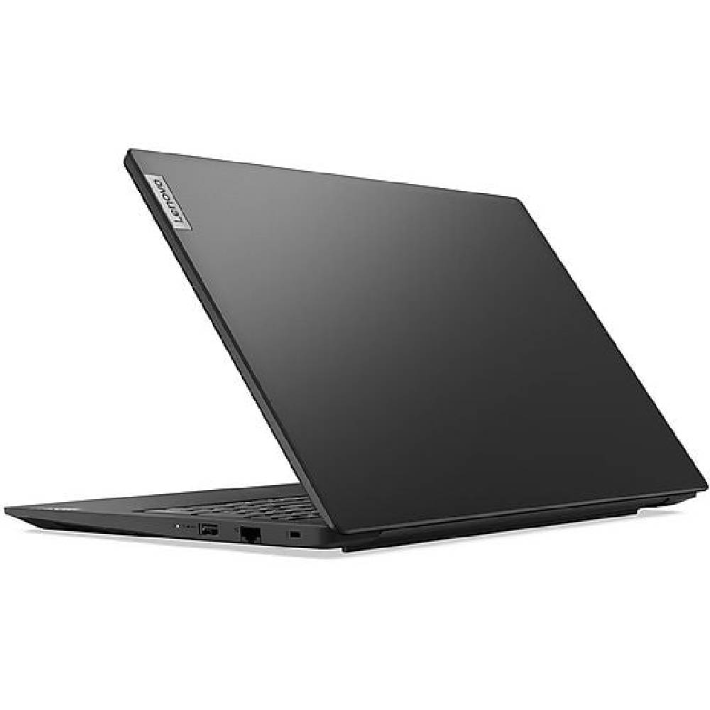 Ekranı açık siyah bir Lenovo dizüstü bilgisayar, yandan görünüm.