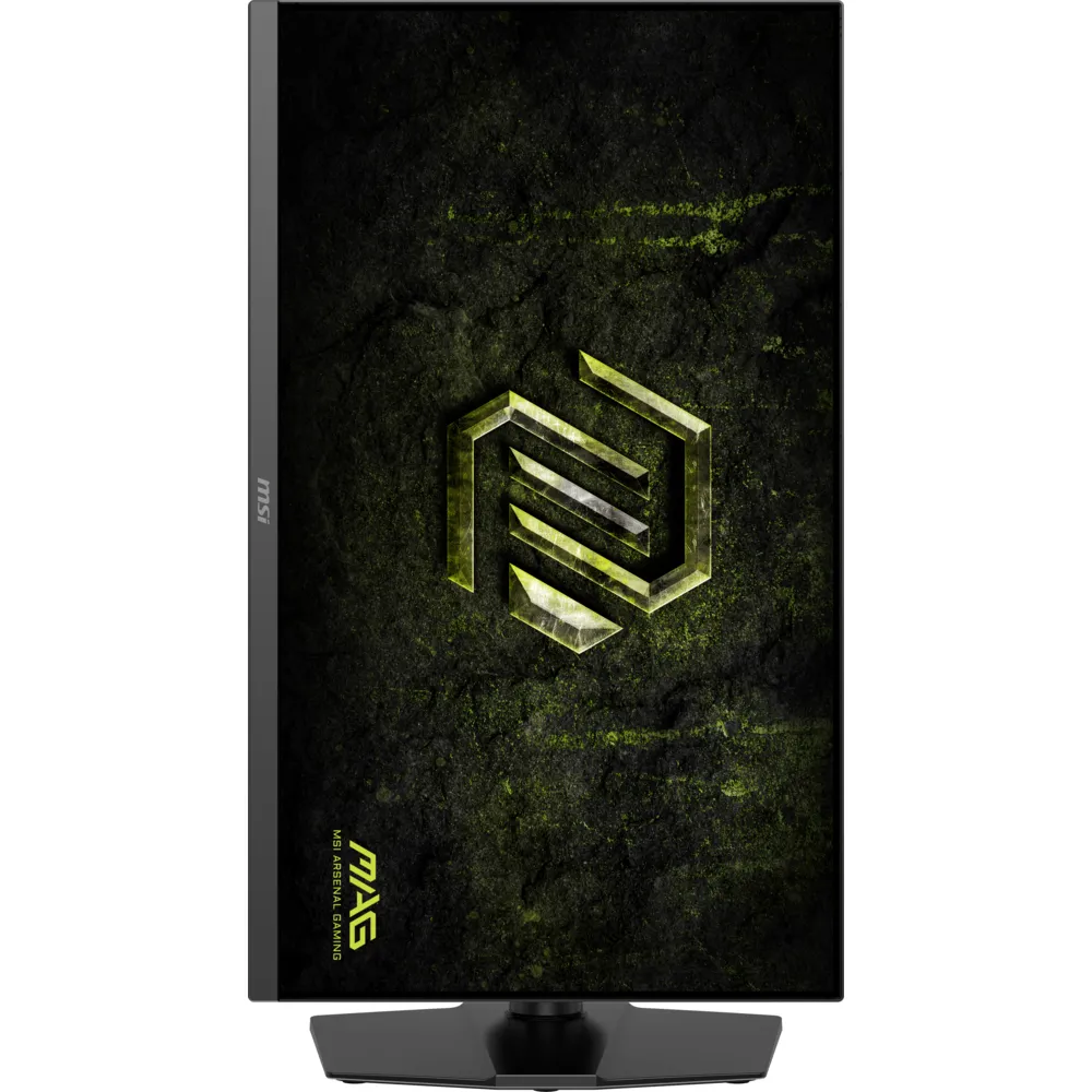 Koyu dokulu zeminde yeşil MSI logosu ve MAG Arsenal Gaming yazısı bulunan dikey MSI monitör.