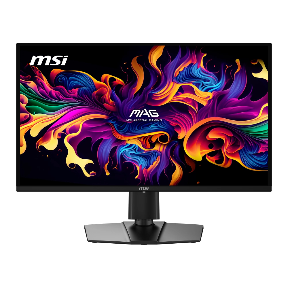Renkli, alevli duvar kağıdı gösteren bir MSI oyuncu monitörü.