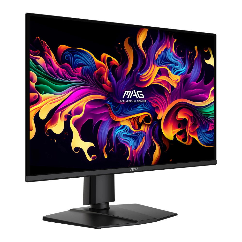 Canlı soyut sanat ekranlı ve siyah stantlı MSI MAG monitör.