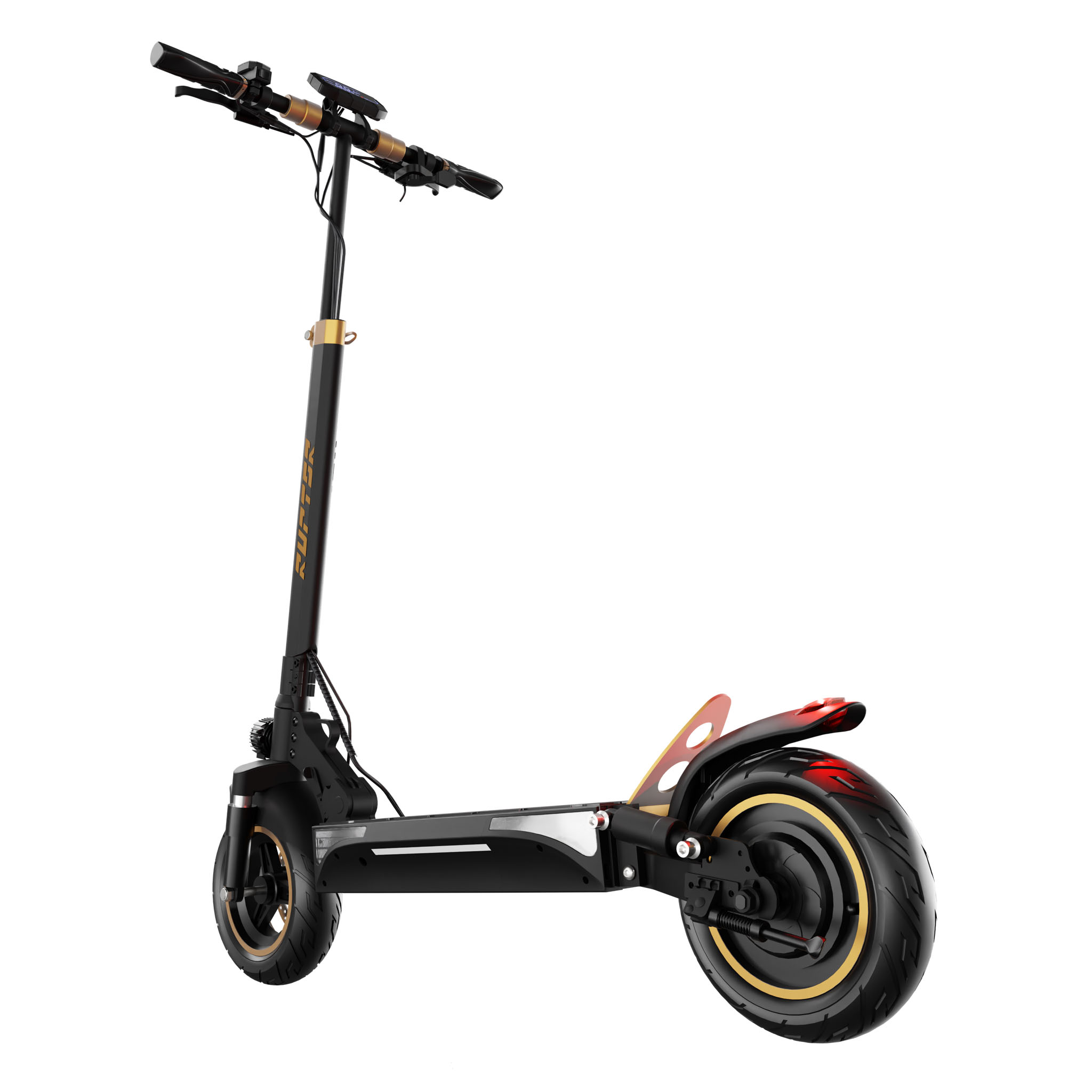 Czarna hulajnoga elektryczna ze złotymi akcentami i czerwonym światłem.