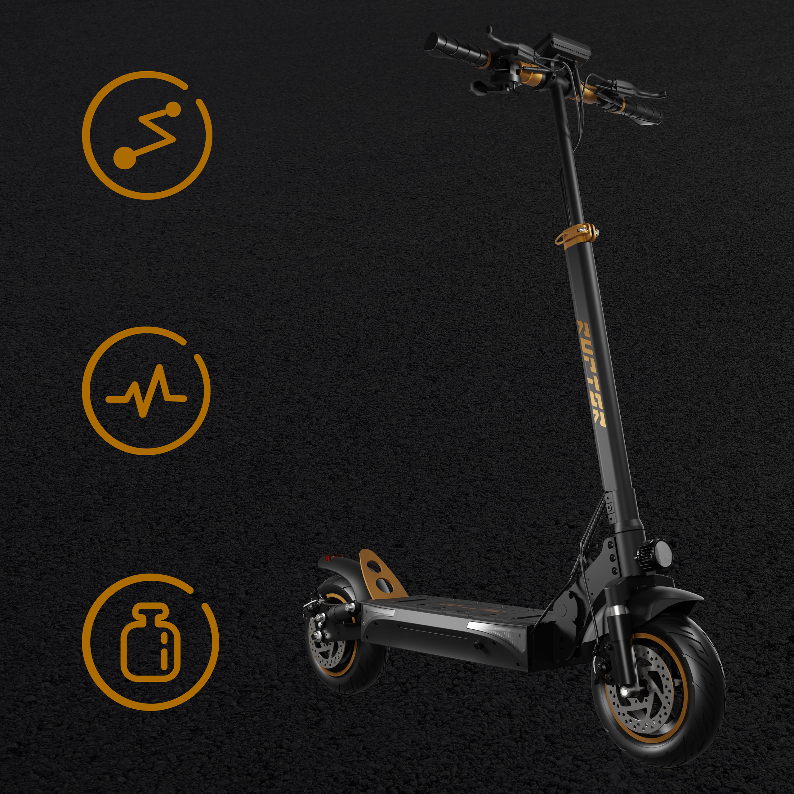 Czarny skuter elektryczny ze złotymi akcentami na ciemnym tle z ikonami.